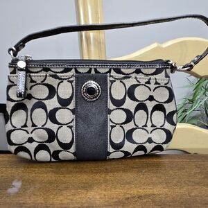 Large Coach Black and Tan Signature Wristlet Bag